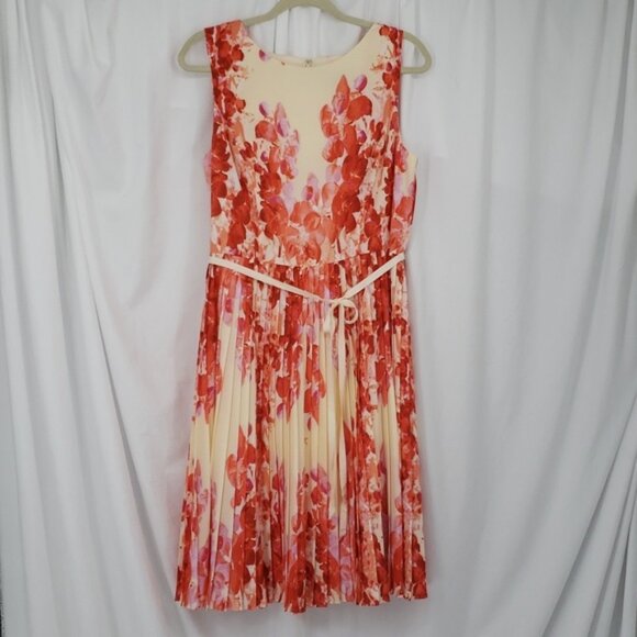 Adrianna Papell Sleeveless Red & Cream Floral Dress Belted Lined Size 12 - Picture 1 of 11